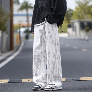 胖胖哥美式扎染牛仔裤男秋季2025新款宽松大码阔腿直筒休闲长裤子图片