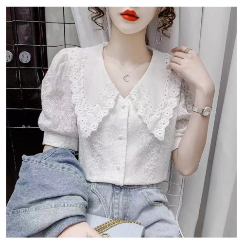 2021年夏季新款时尚减龄蕾丝钩花娃娃领衬衫女泡泡袖短款气质上衣，女装蕾丝衫/雪纺衫，潮品会