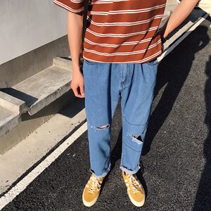 港风破洞牛仔裤男 简约百搭休闲裤九分裤N/图片