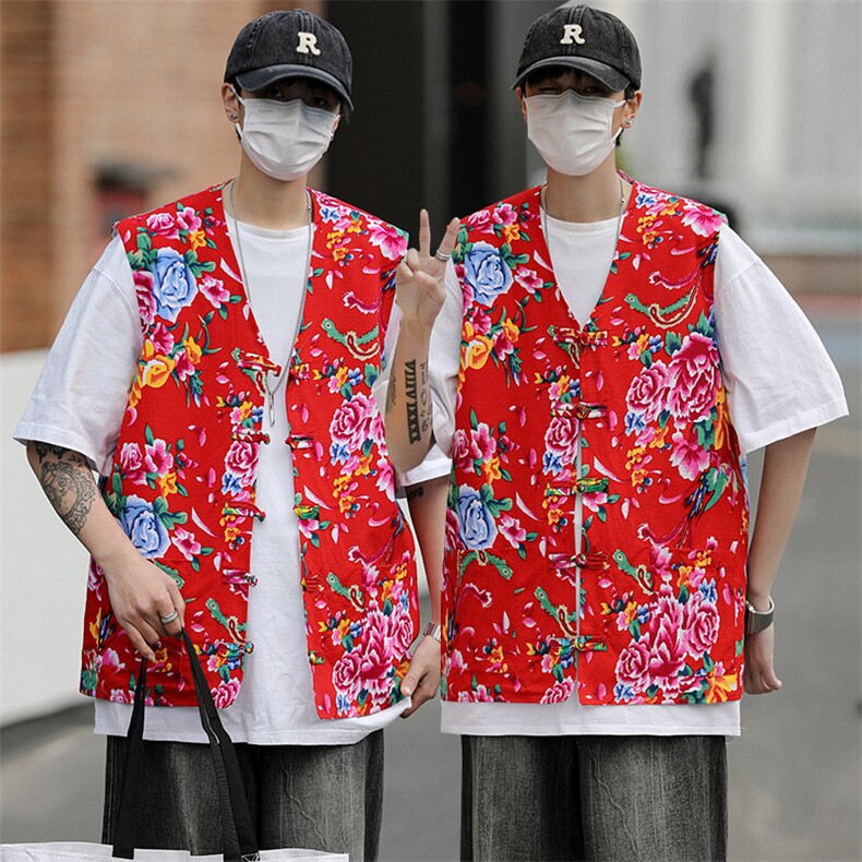 MJ03大花休闲男士风盘扣马甲大码花坎肩团队服喜庆婚礼服潮男图片