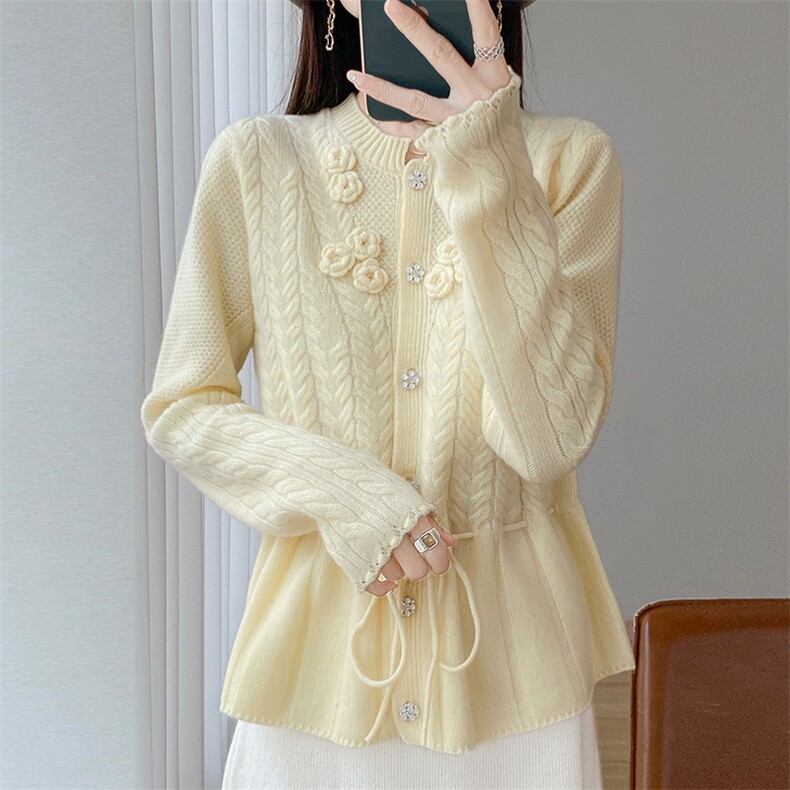 法式立体花朵100%纯羊毛开衫女圆领系绳绞花收腰针织外套显瘦上衣,针织衫/毛衣,江南羊绒