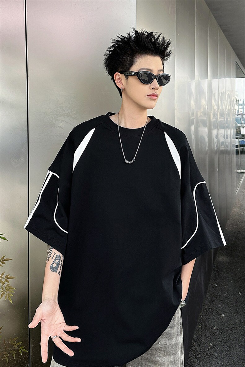 8XL-M美式小众高级感拼接短袖T恤男夏简约百搭宽松纯棉上衣DX336,男装T恤,电商D206-1