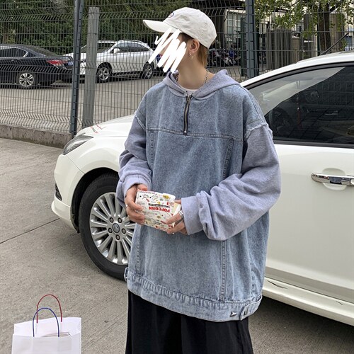 秋冬港风假两件卫衣拼牛仔连帽夹克外套休闲宽松情侣学生H201/P70图片