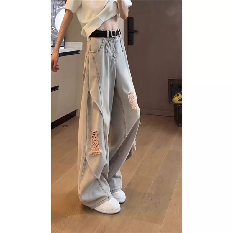百搭美式高街vibe解构弯刀水洗破洞牛仔裤男女新款直筒宽松阔腿裤,男装牛仔裤,星座506A