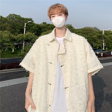 潮风新中式毛边短袖衬衫男夏季高级设计感复古小众上衣W1277，男装T恤，星座813-2