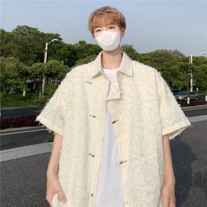 潮风新中式毛边短袖衬衫男夏季高级设计感复古小众上衣W1277图片