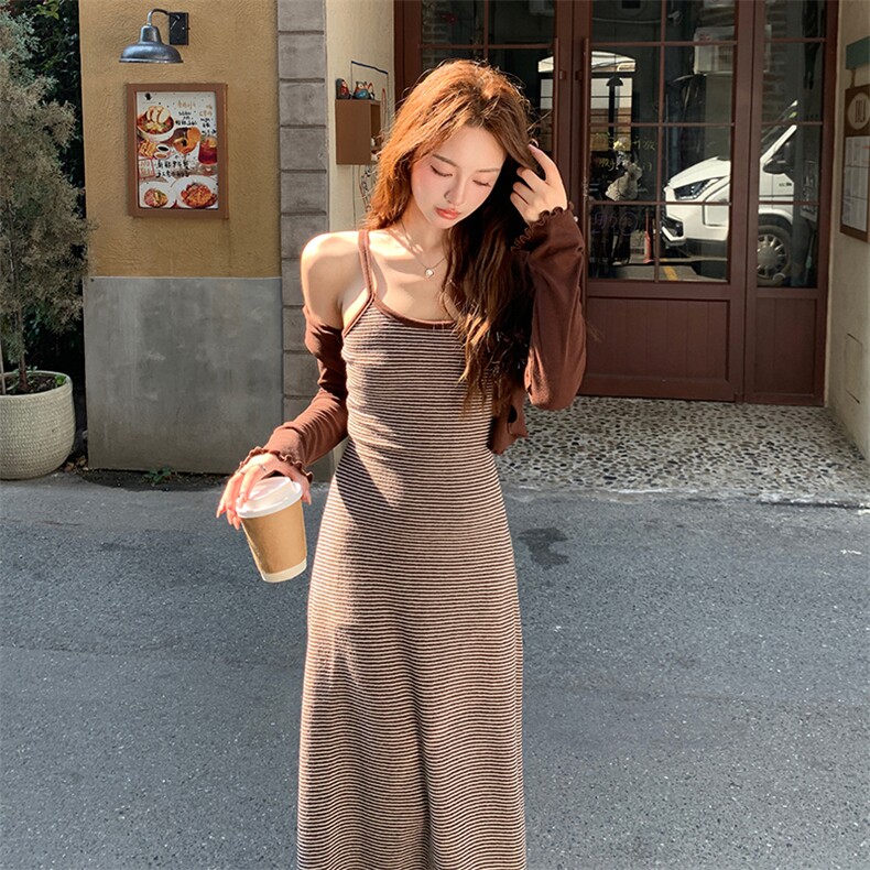 （新品）现货韩系针织条纹温柔风吊带连衣裙套装F563-P135-K188,女装套装/套裙,2C255
