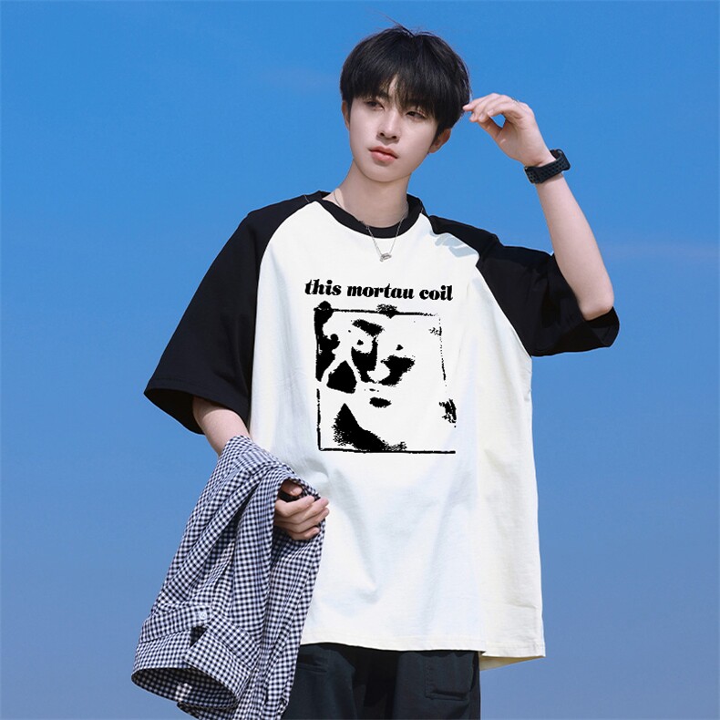 抖音得物高品质二开240克宽松纯棉美式潮牌插肩袖拼接短袖T恤,男装T恤,电商A486