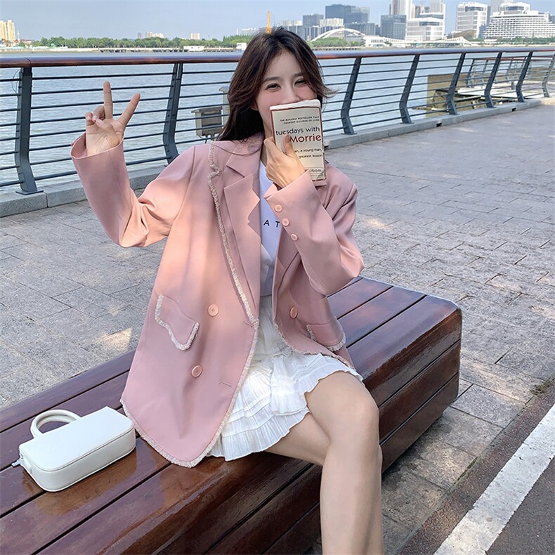 粉色设计感小香风西装春秋女2025新款温柔风宽松洋气毛边小西服,女装西装,天使之佳话