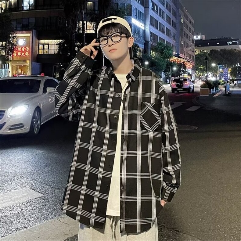 格子衬衫男春秋薄款高级感衬衣港风痞帅复古宽松免烫外套G034/P34,男装衬衫,星座506