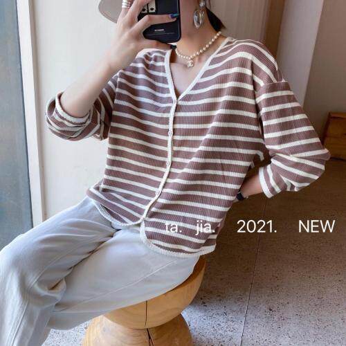 条纹宽松针织开衫，其它，她家