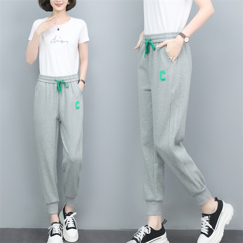 YR2024花牌春夏季新款欧货哈伦百搭潮流绿抽绳C字休闲运动九分裤图片