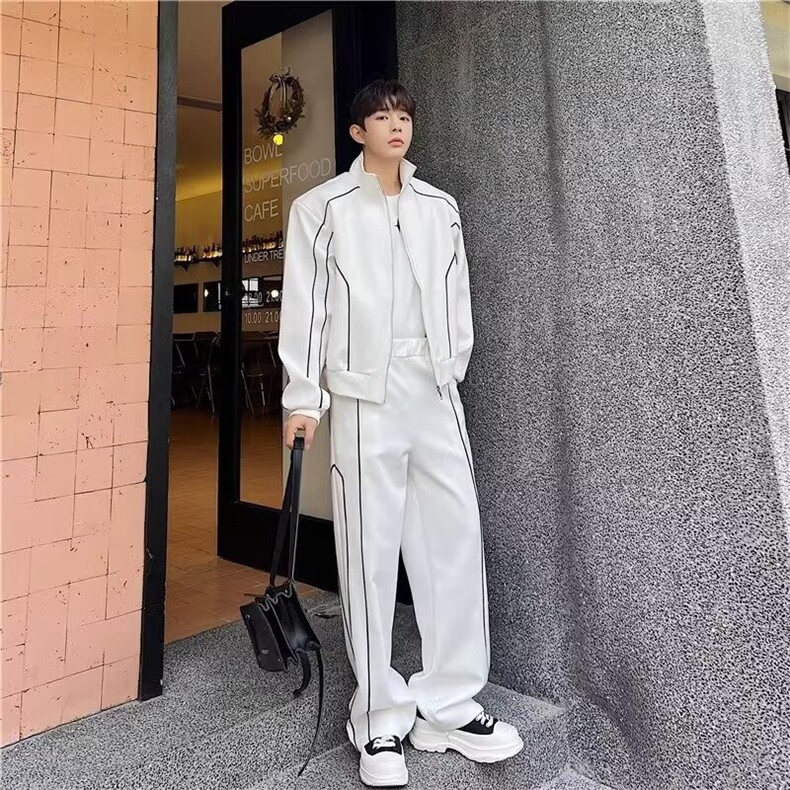 简约潮流秋季长裤青少年新款衬衫长袖小众立领夹克运动阔腿裤套装,男装夹克,星座715-4