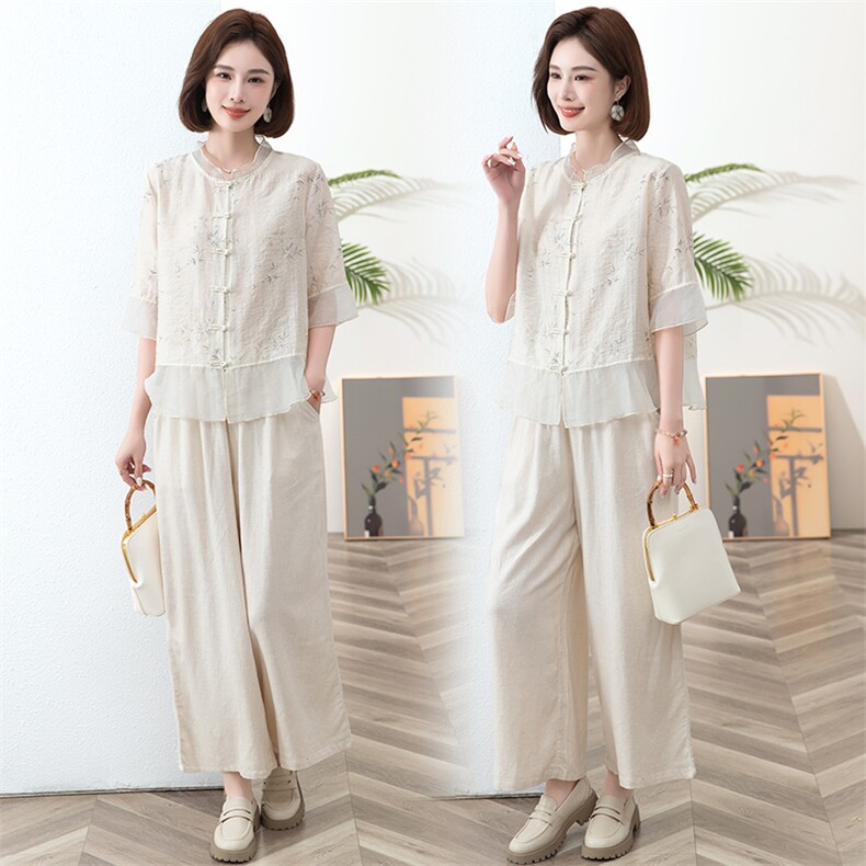 休闲套装女2024夏新中式短袖天丝小衫宽松阔腿裤印花薄两件套中年，女装套装/套裙，阿丹