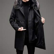 D1988冬季男士派克服可脱卸兔毛内胆连帽中长款风衣P720图片