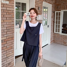 韩系复古马甲套装裤女2025夏季新款显瘦短袖T恤阔腿裤休闲三件套，女装套装/套裙，2C086