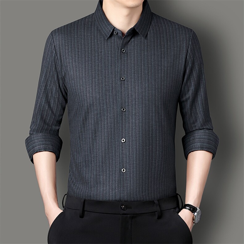 新款长袖衬衫男士春秋款休闲衬衣薄款条纹寸衫中老年宽松爸爸上衣，男装衬衫，电商B212（原钱塘6029）