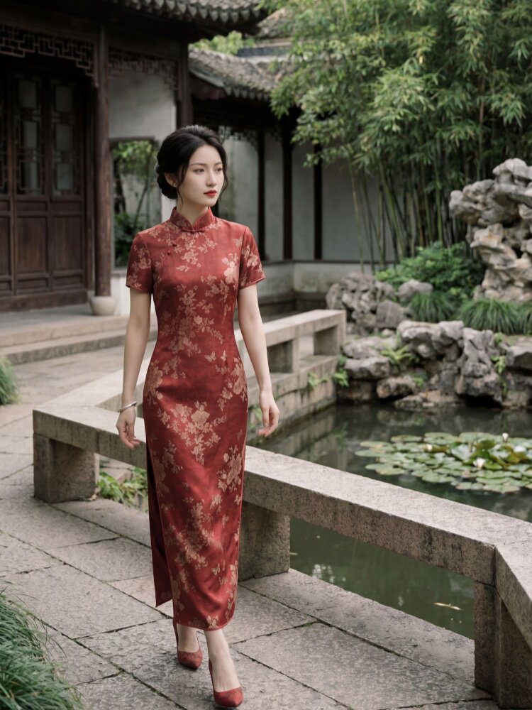 2026年夏季新品时尚气质金丝提花香云纱品质真丝喜庆中长款旗袍裙,女装连衣裙,媚琳依坊