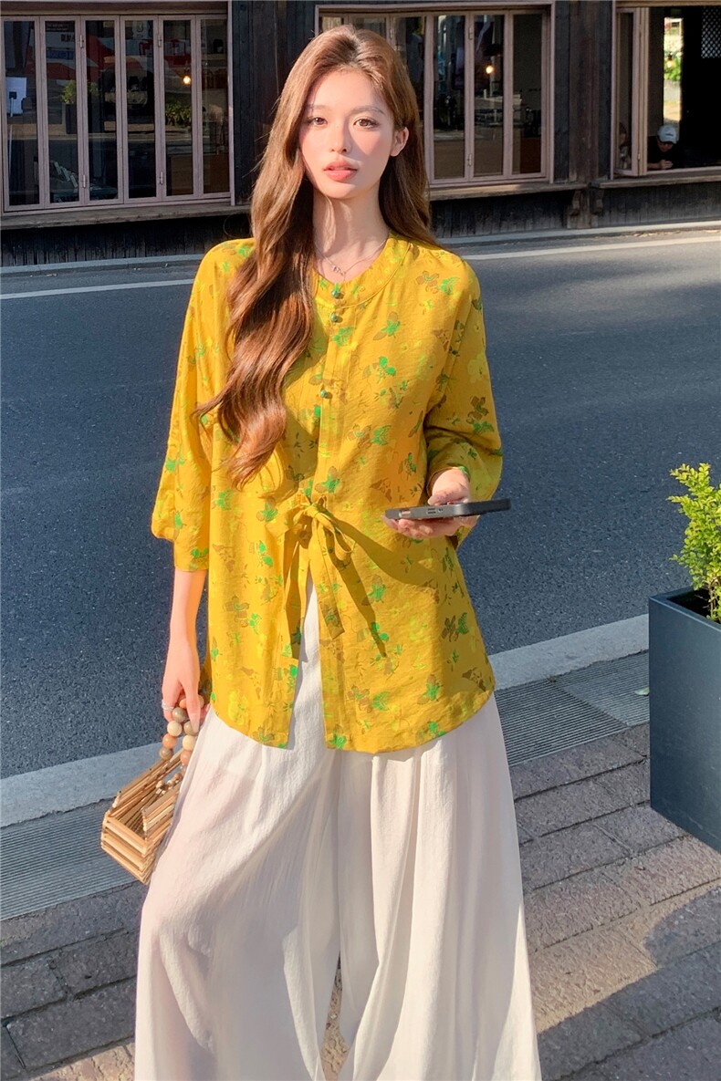 新中式印花宽松喇叭袖时尚气质小衫,女装衬衫,水衣源