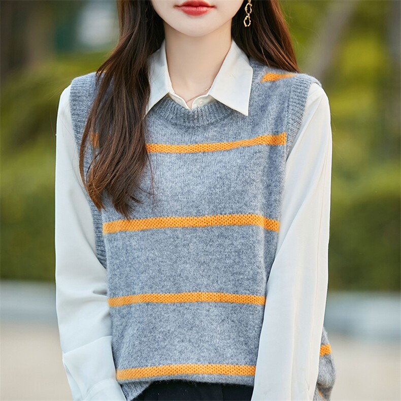 秋新款简约时尚羊毛条纹背心女宽松显瘦百搭针织马甲外套,女装马甲,冀清阳荣