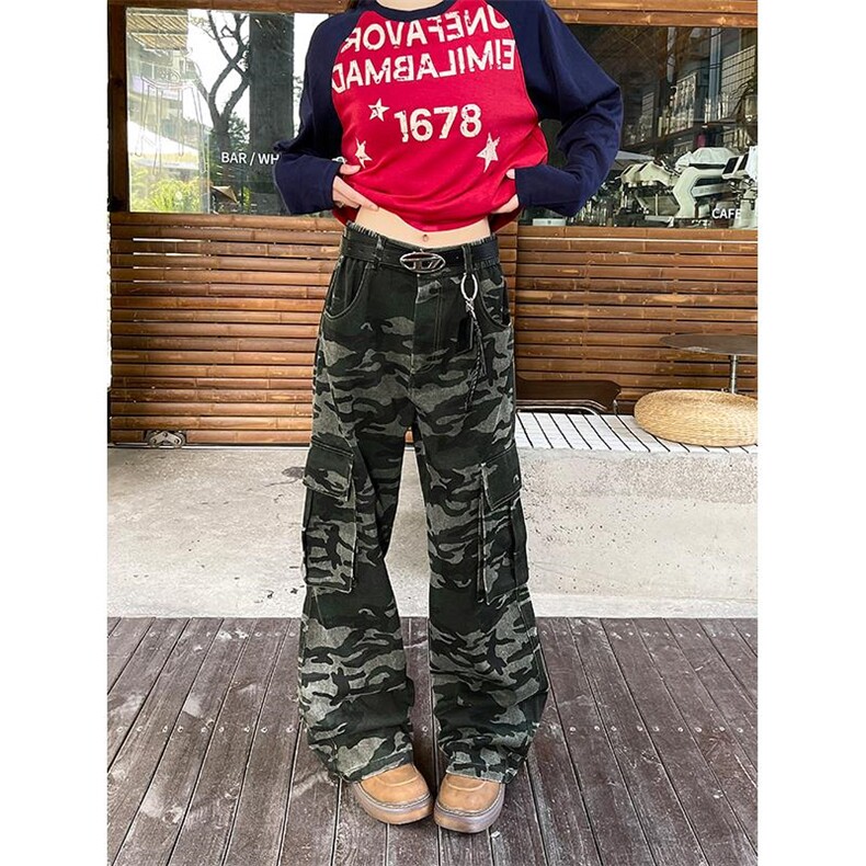 美式复古迷彩多口袋拼接宽松工装裤男百搭长裤K24072-特P48控88图片