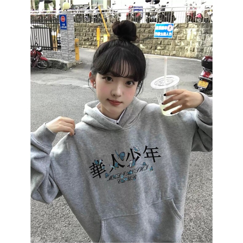 CX293-P51纯棉美式覆古灰色连帽卫衣女2025新款设计感小众,男装卫衣,电商B323A