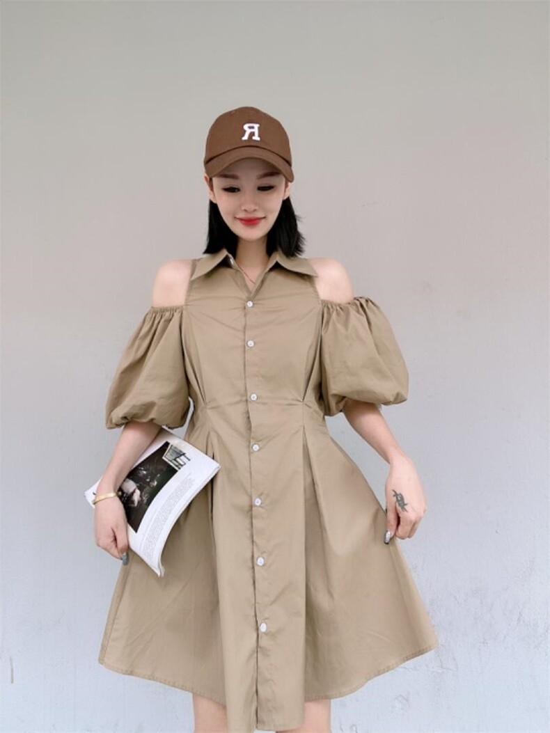 韩版漏肩泡泡袖连衣裙，女装连衣裙，玩美