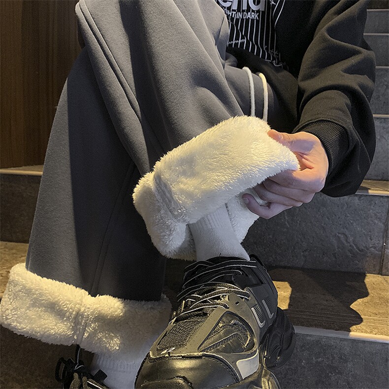 羊羔绒加厚裤子男冬季东北零下加绒防寒保暖宽松直筒休闲运动卫裤图片