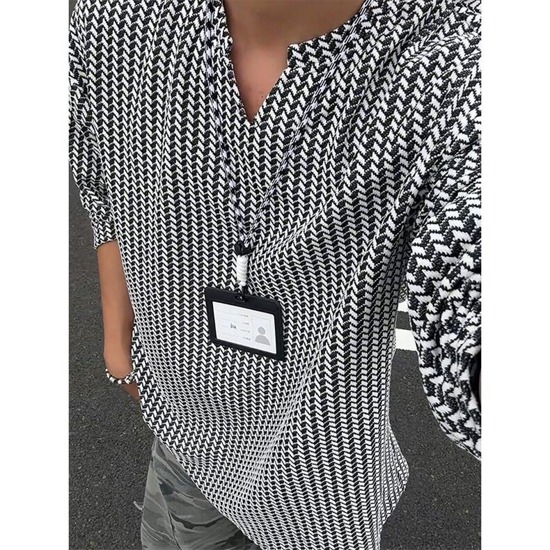 美式复古270g雪尼尔波浪条纹V领宽松长袖T恤男T24547特P25控58，男装T恤，电商A001-1