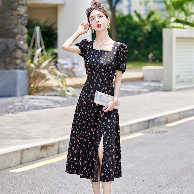 法式气质方领碎花连衣裙女2024夏季新款修身显瘦气质开叉雪纺裙子,女装连衣裙,布芭啦
