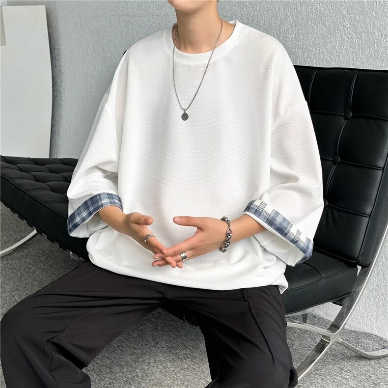 日系港风拼接七分短袖男T恤潮流休闲蝙蝠袖上衣T027310B-1-P22,男装T恤,星座310B-1