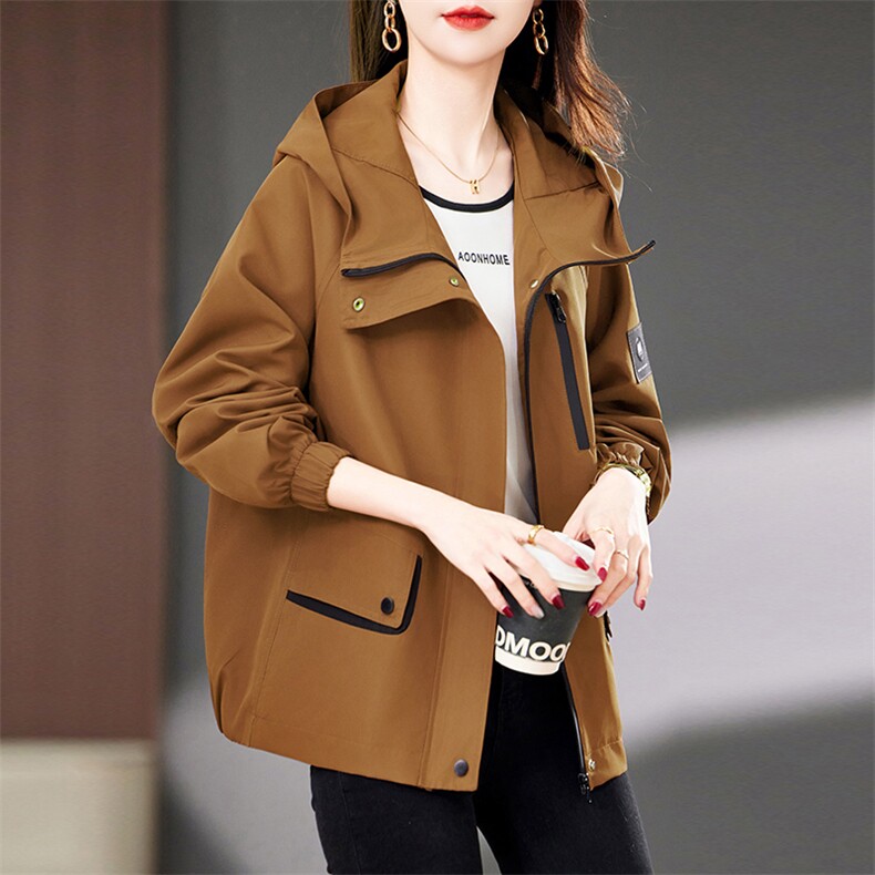 红风衣女春秋2025年新款宽松大码休闲妈妈短款连帽夹克外套，女装短外套，浙宝2-166