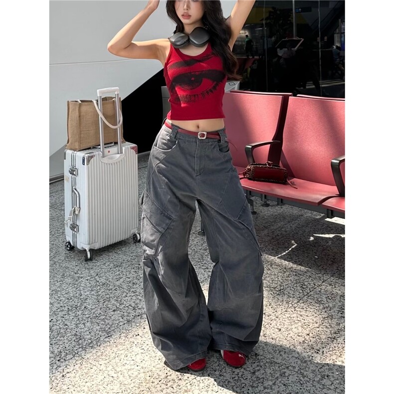 满印五角星休闲阔腿裤女2025新款夏季超火宽松慵懒百搭街舞运动裤,女装休闲裤,星座506A