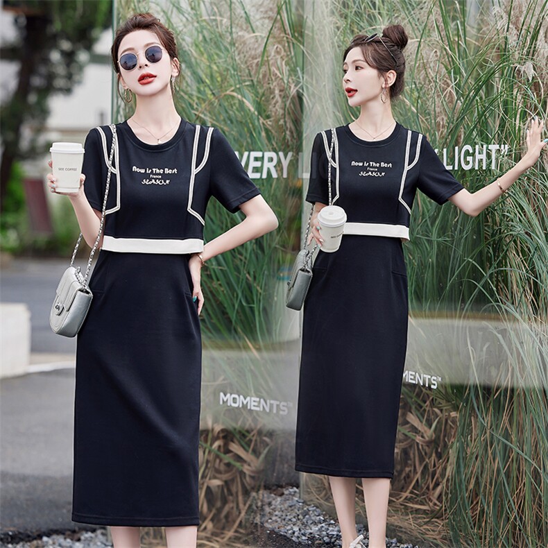 现货A字裙2026年短袖中裙H型套头中腰圆领通勤拼色中裙优雅连衣裙，女装连衣裙，尚洛菲