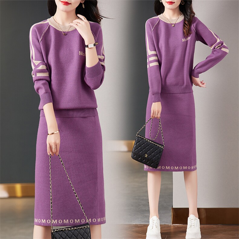 现货秋季时尚百搭遮肉显瘦休闲运动风套装两件套毛衫裙，女装套装/套裙，然然