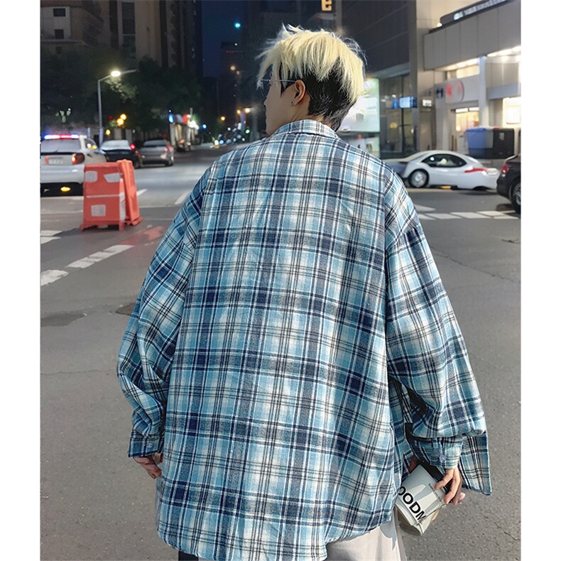 衬衫男春季新款港风宽松磨毛格子长袖衬衣CS602-特P28无差价,男装衬衫,星座214-3