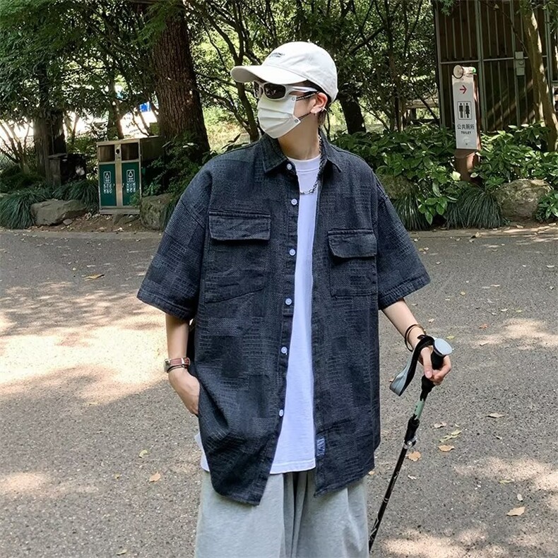 短袖牛仔衬衫男夏季美式潮牌痞帅宽松慵懒风情侣外套CS02209-P48,男装衬衫,星座308B-1