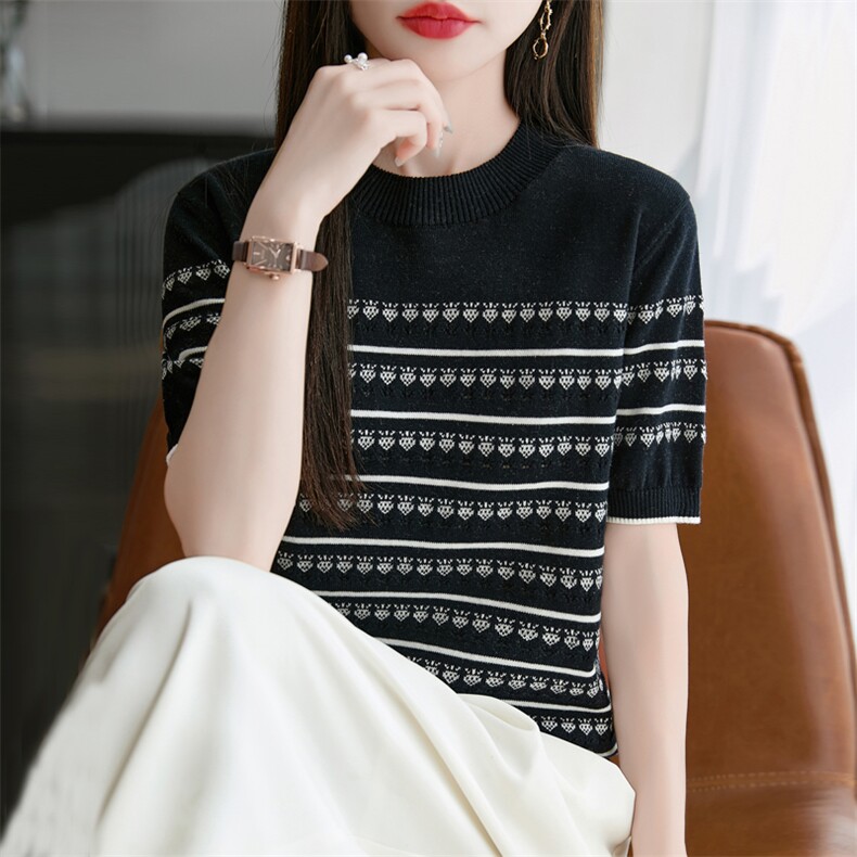 夏季时尚百搭圆领条纹精纺冰丝针织短袖女显瘦大码休闲宽松上衣女,女装T恤,秋双羊绒