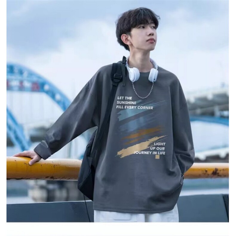 藏青色圆领卫衣男款春秋季美式复古潮牌印花青少年纯棉长袖t恤衫,男装T恤,星座715-7