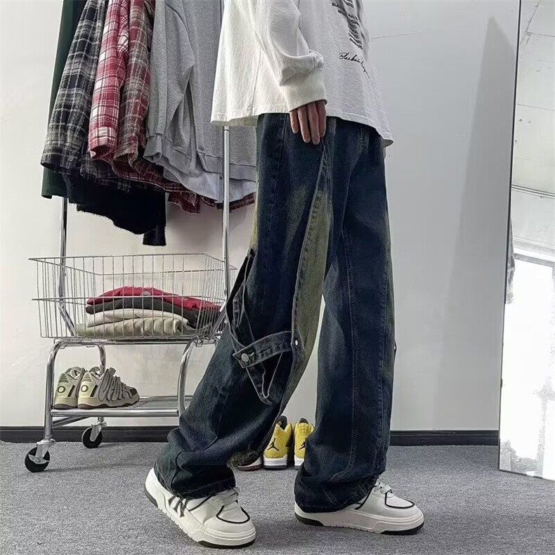 秋季拼接假两件牛仔裤男直筒做旧水洗高街美式休闲潮牌痞帅裤子,男装牛仔裤,星座410-6（原星座1304-1）
