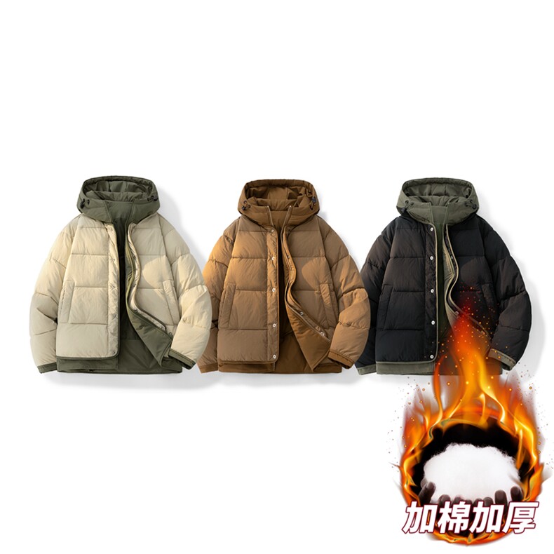 日系复古假两件连帽棉衣男冬季宽松情侣冬季棉服M0829-P103,男装棉衣,星座308B-2