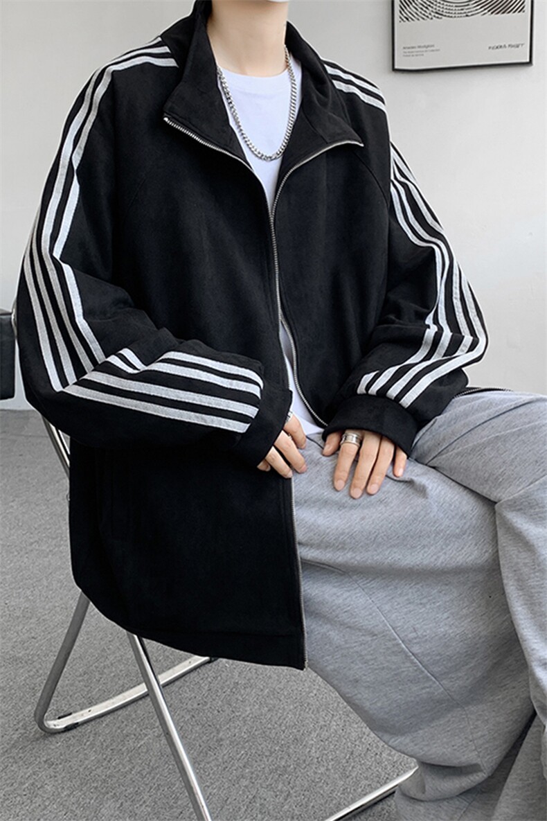8XL-M特大码麂皮绒重磅条纹棒球服夹克外套男立领潮JK004P75控98,男装夹克,电商B312