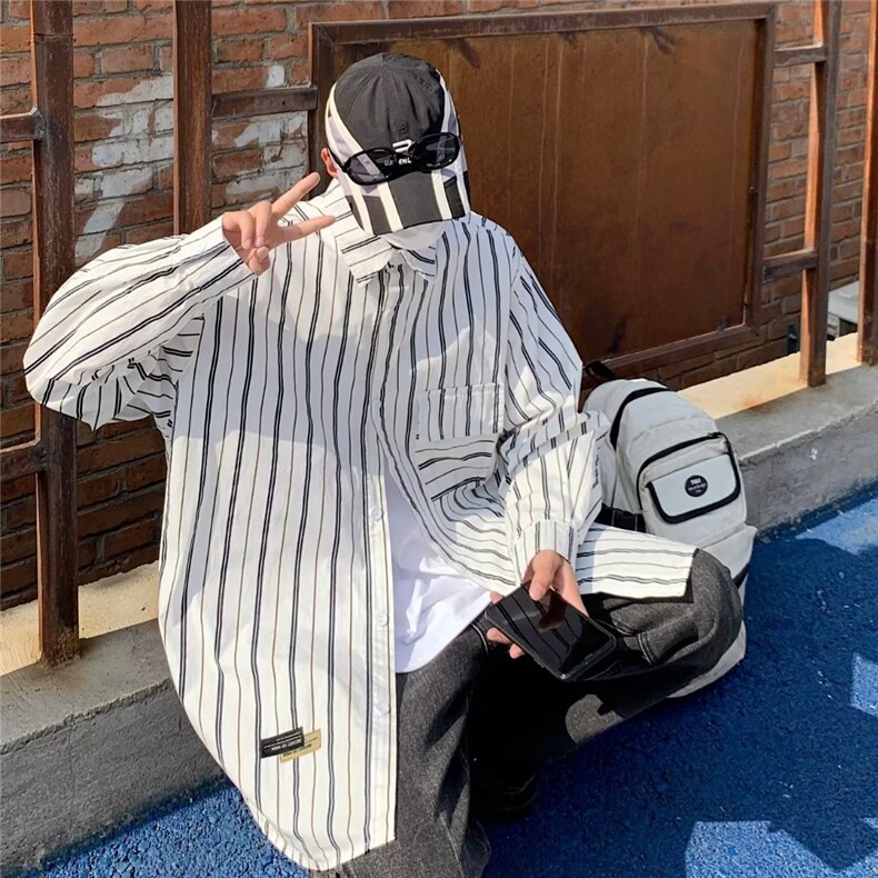 日系春夏季新款衬衫潮流慵懒男方领宽松长袖衬衫NC15P40,男装衬衫,星座1116-2