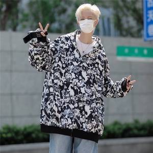 潮美式街头满印迷彩喵咪印花连帽卫衣男女款百搭外套潮 JY8032图片
