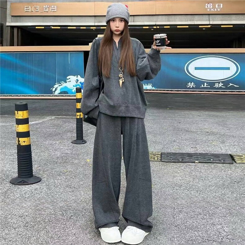 时尚休闲套装女秋季新款宽松洋气减龄纯色圆领卫衣阔腿长裤两件套,女装套装/套裙,江南