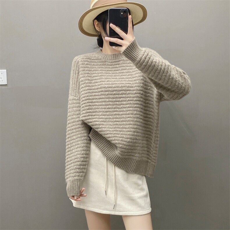 秋冬季新款山羊绒衫女士圆领条纹休闲时尚宽松百搭软糯针织衫毛衣,女装羊绒衫,织绒羊