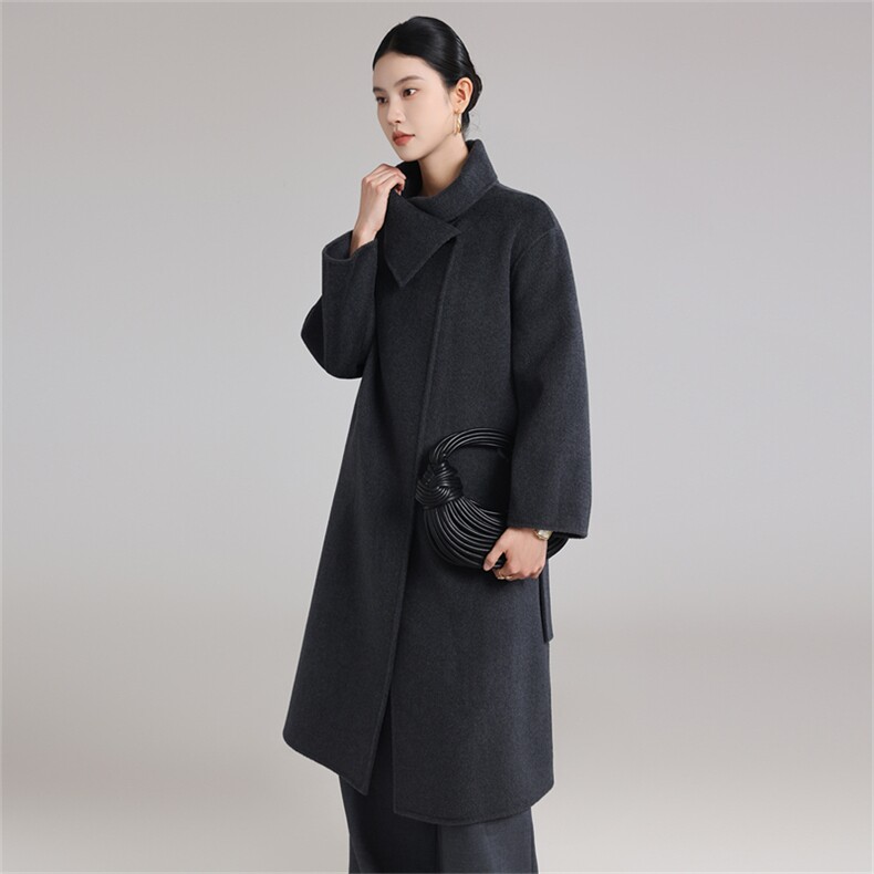 2025年秋季新款百搭女士系绳POLO领羊绒大衣,女装双面呢大衣,鹿展羊绒大衣
