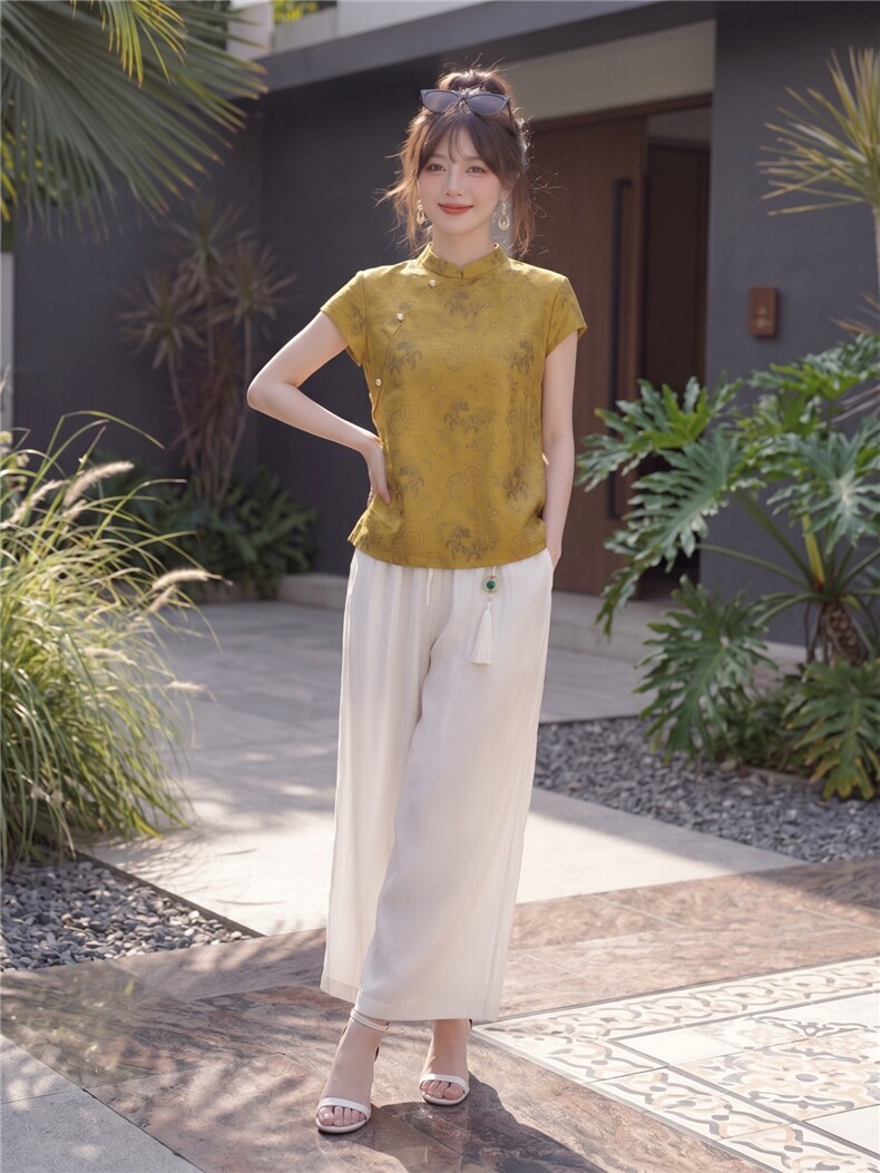 2026年夏季休闲风女优雅淑女通勤日常G风印花压皱新中式两件套,女装套装/套裙,曼琳思菲