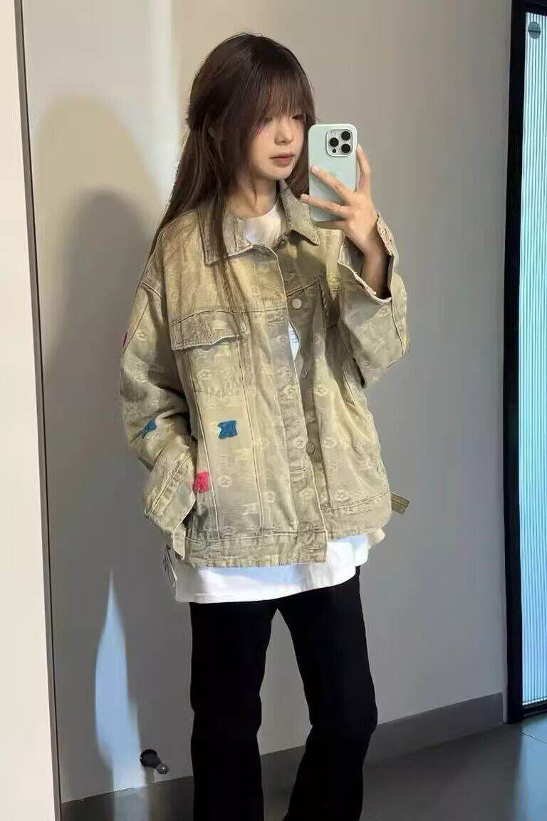 现货美式高街轻奢感法系背面提花翻领水洗做旧毛巾绣宽松牛仔外套,男装工装外套,星座302B-3