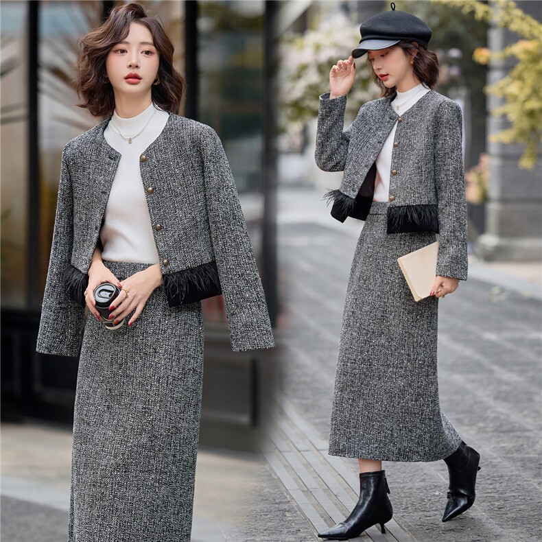 现货！重工烫钻小香风套装裙女2025秋冬新款轻奢外套半身裙两件套，女装套装/套裙，涵墨